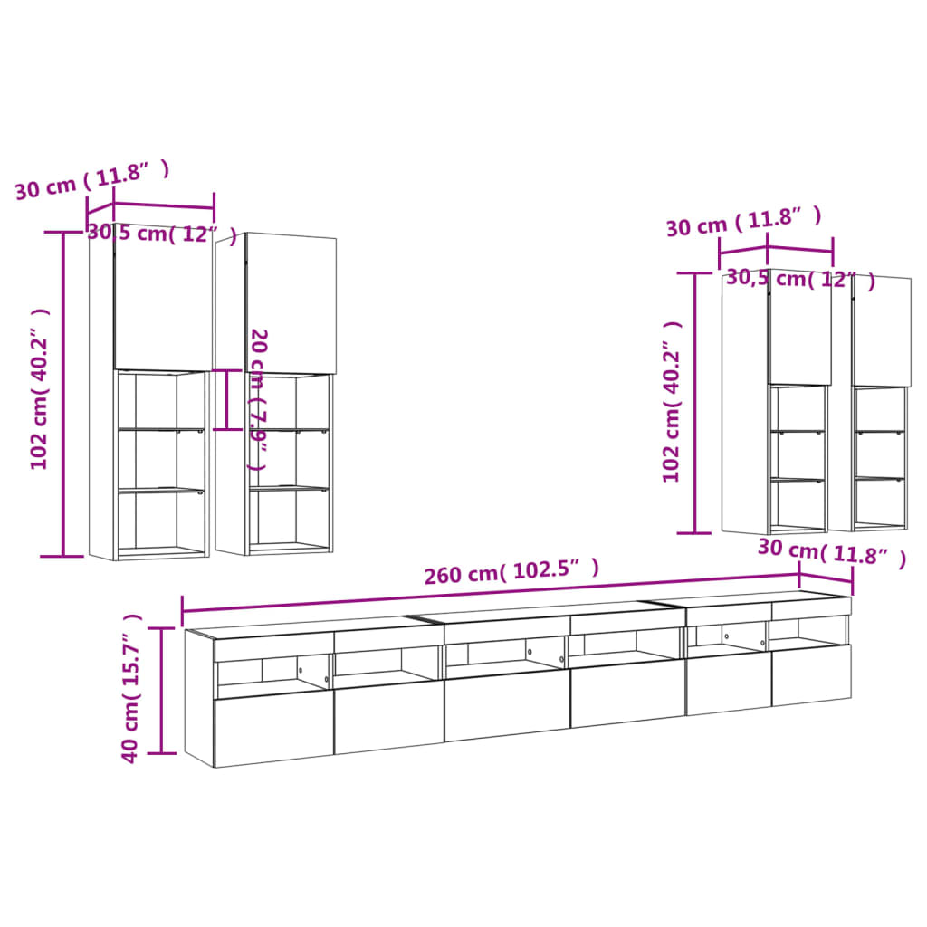 vidaXL Muebles de TV de pared con luces LED 7 piezas roble ahumado