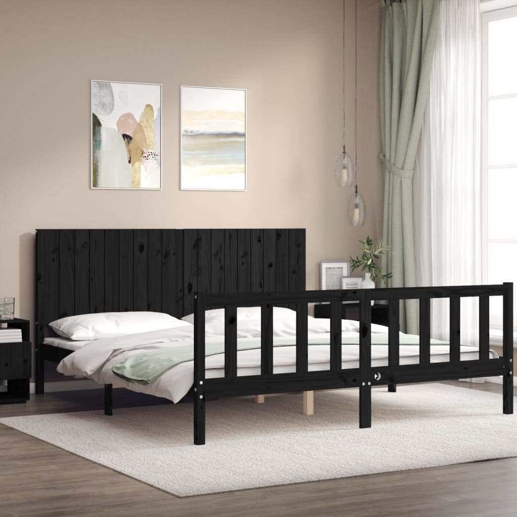 vidaXL Estructura cama de matrimonio con cabecero madera maciza negro