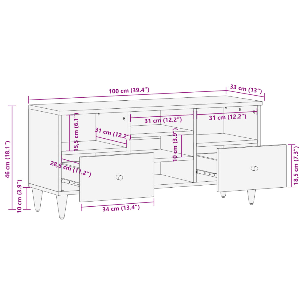 vidaXL Mueble de TV madera maciza de mango 100x33x46 cm