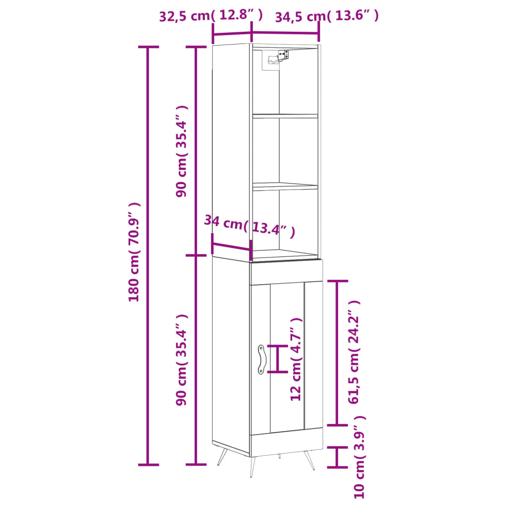 vidaXL Aparador alto madera contrachapada blanco brillo 34,5x34x180 cm