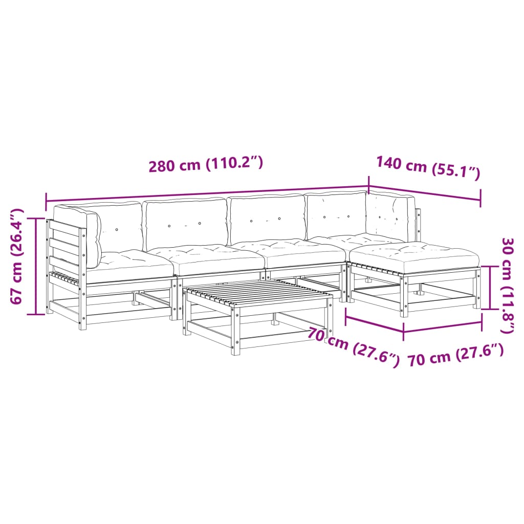 vidaXL Set de sofás jardín 6 pzas con cojines madera pino marrón cera