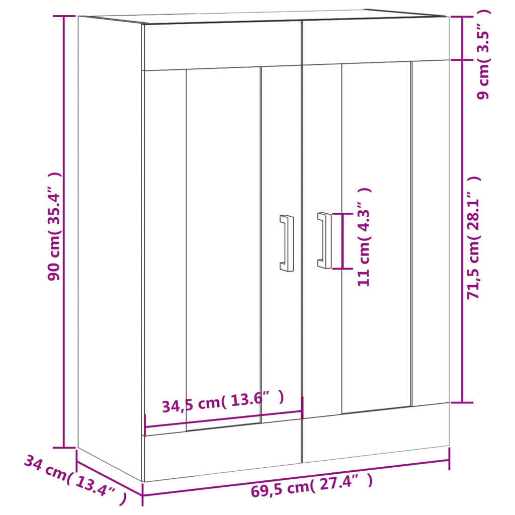 vidaXL Armario de pared madera ingeniería blanco brillo 69,5x34x90 cm
