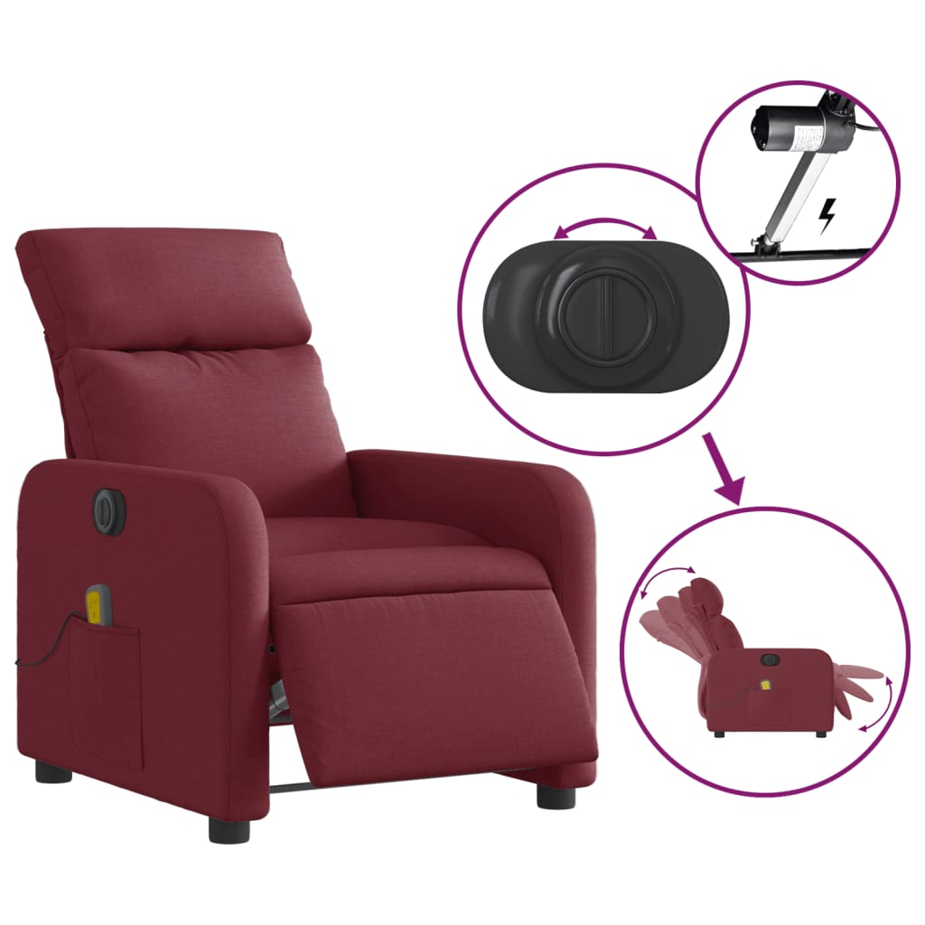 vidaXL Sillón de masaje reclinable eléctrico tela rojo tinto