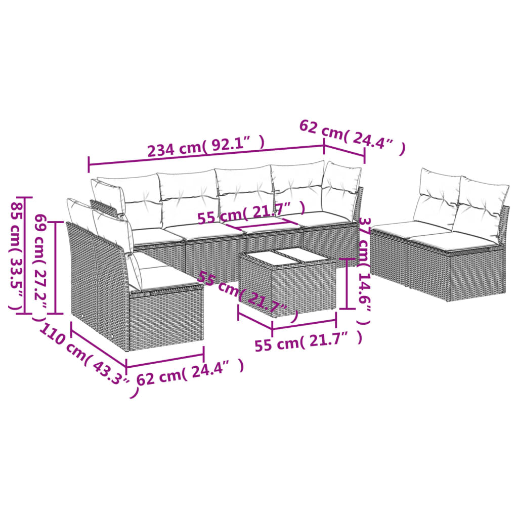 vidaXL Set de muebles de jardín 9 pzas y cojines ratán sintético gris