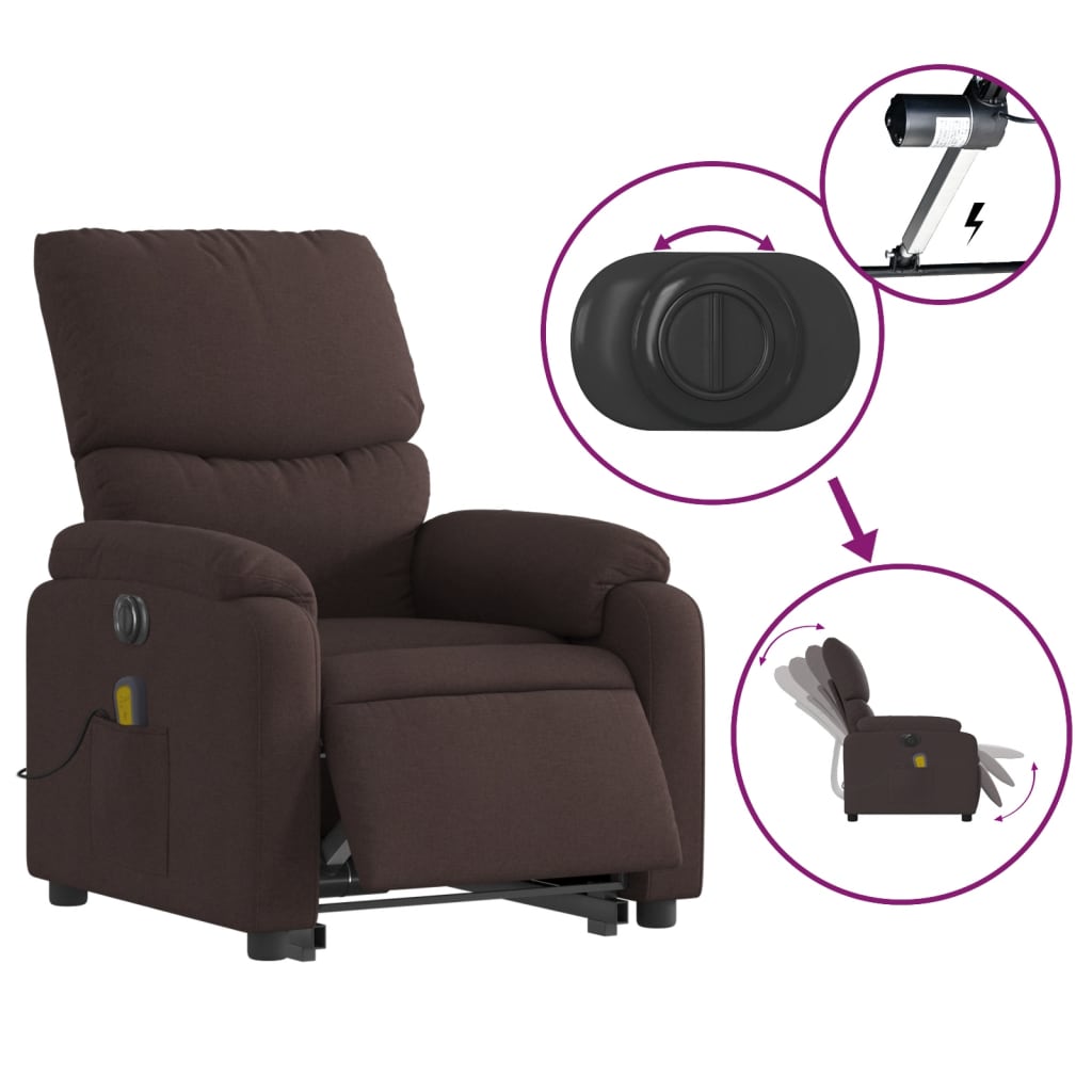 vidaXL Sillón masaje eléctrico reclinable elevable tela marrón oscuro