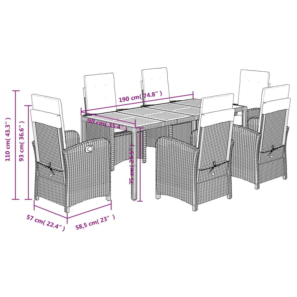 vidaXL Set comedor jardín 7 pzas y cojines ratán sintético gris