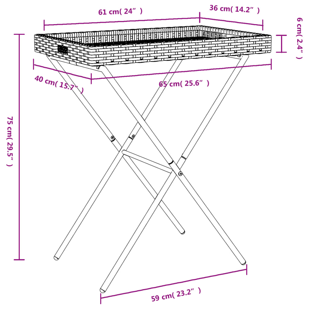 vidaXL Mesa con bandeja plegable ratán sintético gris 65x40x75 cm