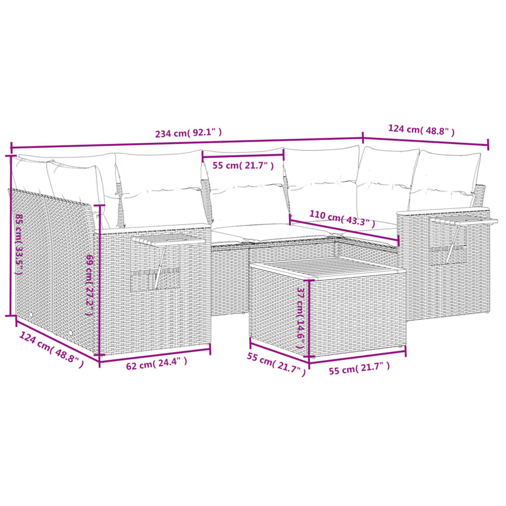 vidaXL Set de comedor de jardín 7 pzas y cojines ratán sintético negro