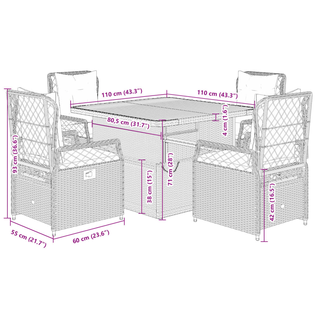 vidaXL Set comedor de jardín 5 pzas con cojines ratán sintético beige