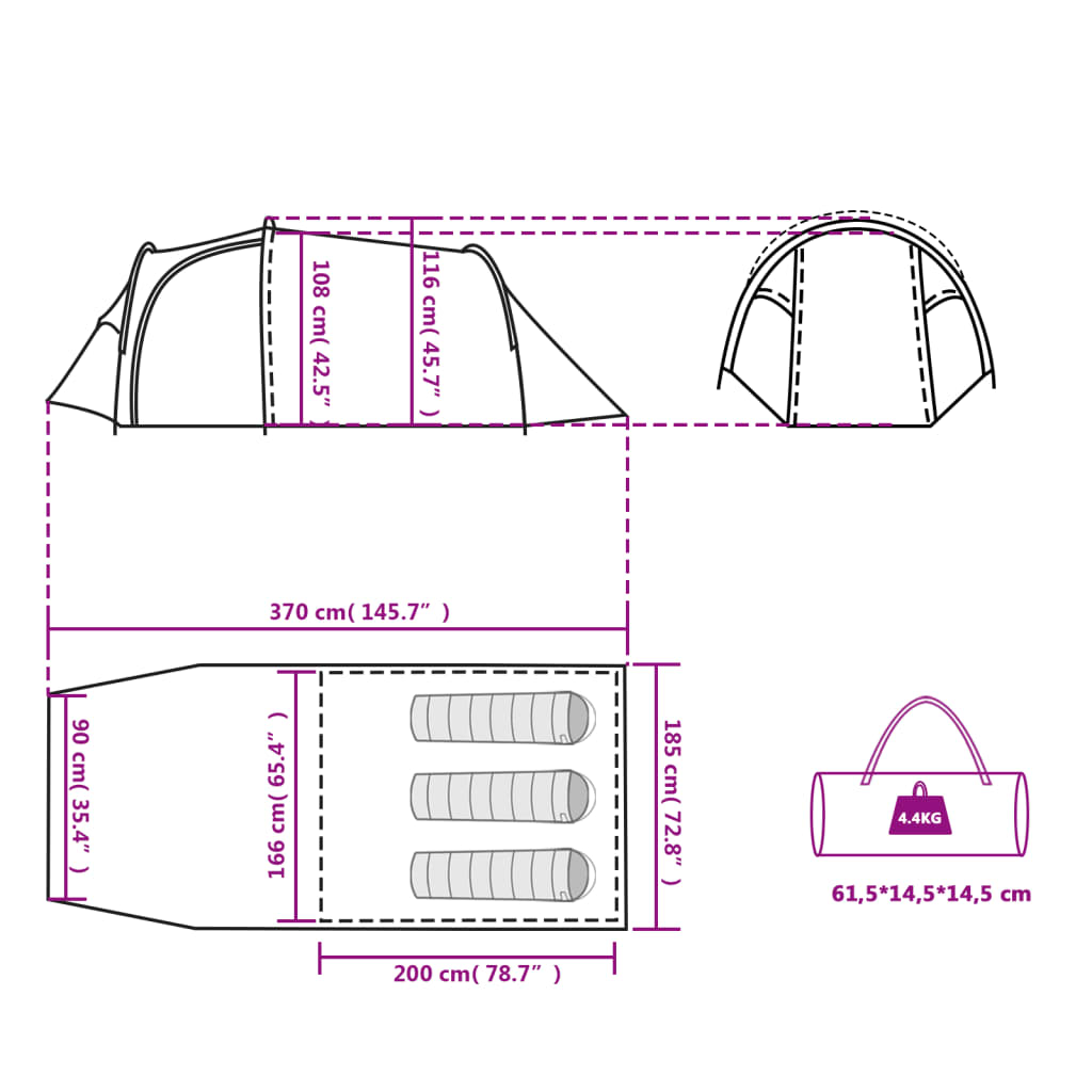 vidaXL Tienda de campaña con túnel para 3 personas impermeable naranja