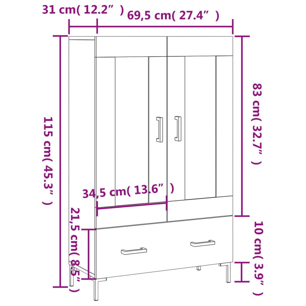 vidaXL Aparador alto madera de ingeniería gris Sonoma 69,5x31x115 cm