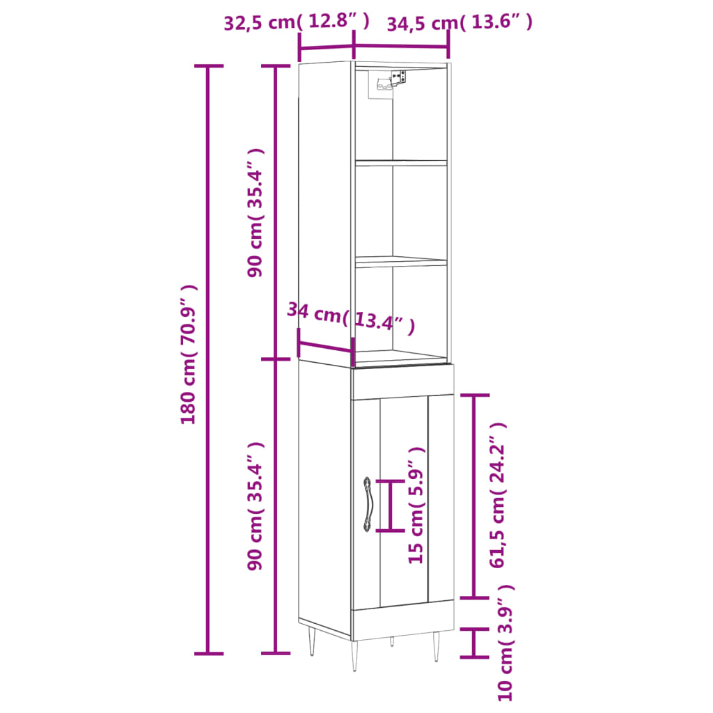 vidaXL Aparador de madera contrachapada gris hormigón 34,5x34x180 cm