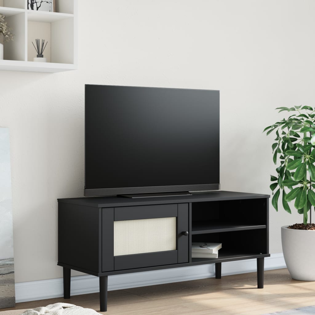 vidaXL Mueble de TV SENJA aspecto ratán madera pino negro 106x40x49 cm