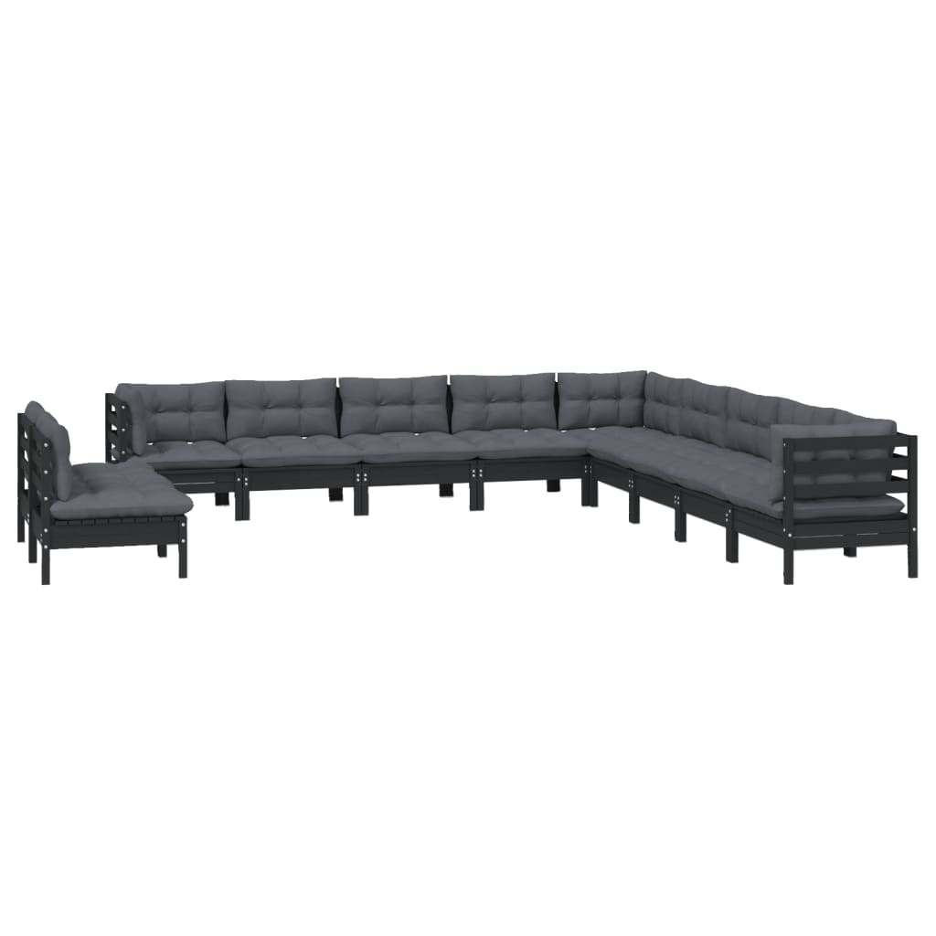 vidaXL Muebles de jardín 11 pzas y cojines negro madera maciza de pino