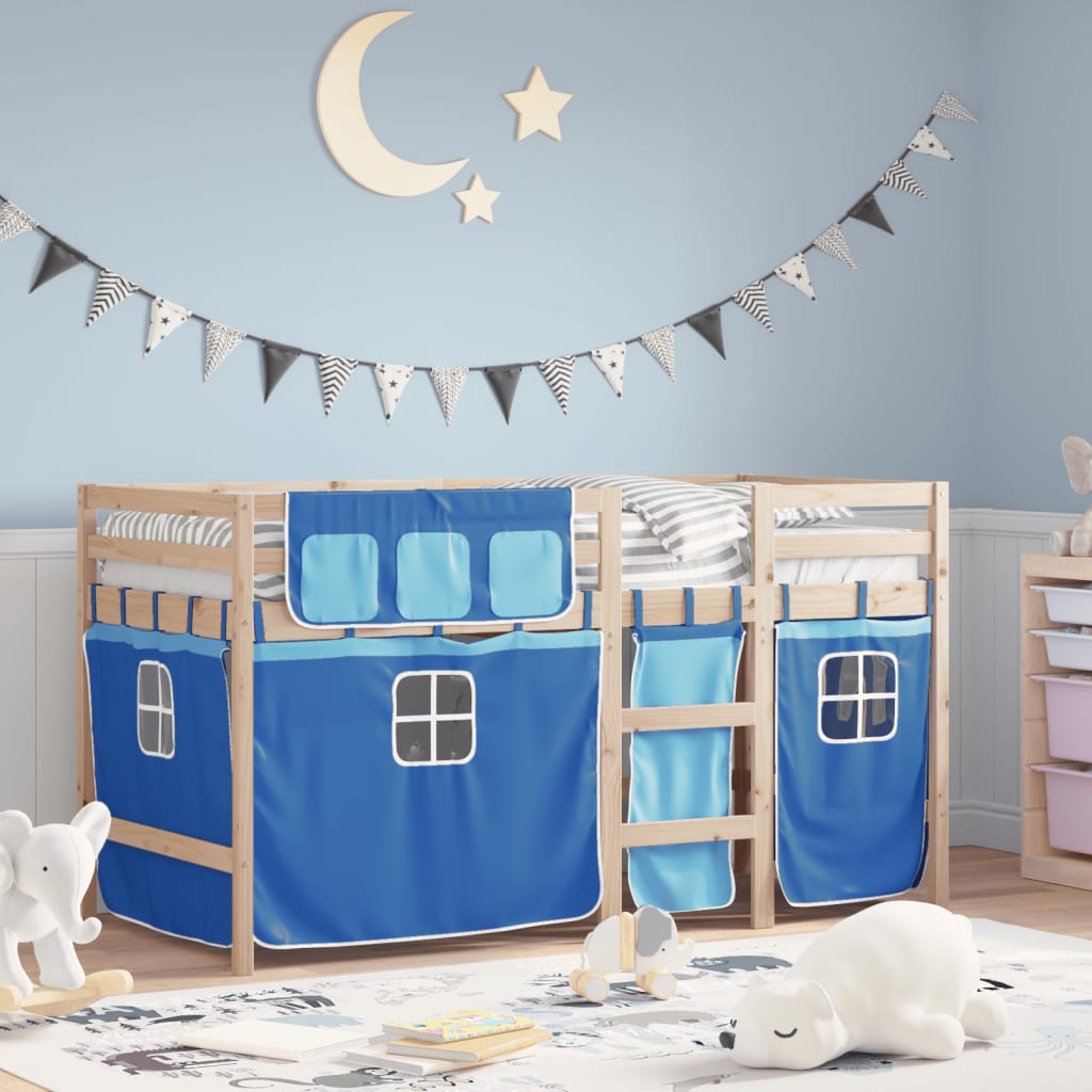 vidaXL Cama alta para niños con cortinas madera pino azul 80x200 cm