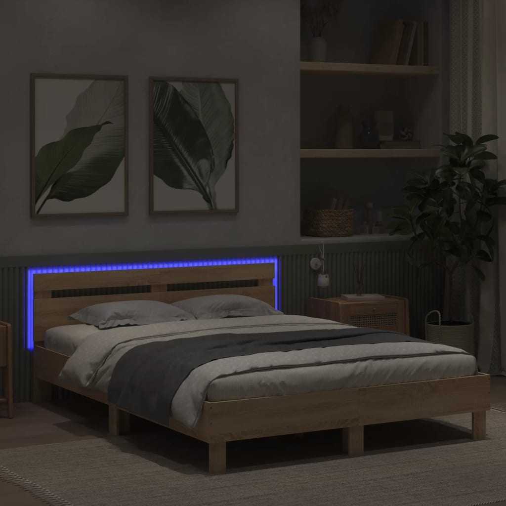 vidaXL Estructura de cama cabecero y luces LED roble Sonoma 140x200 cm