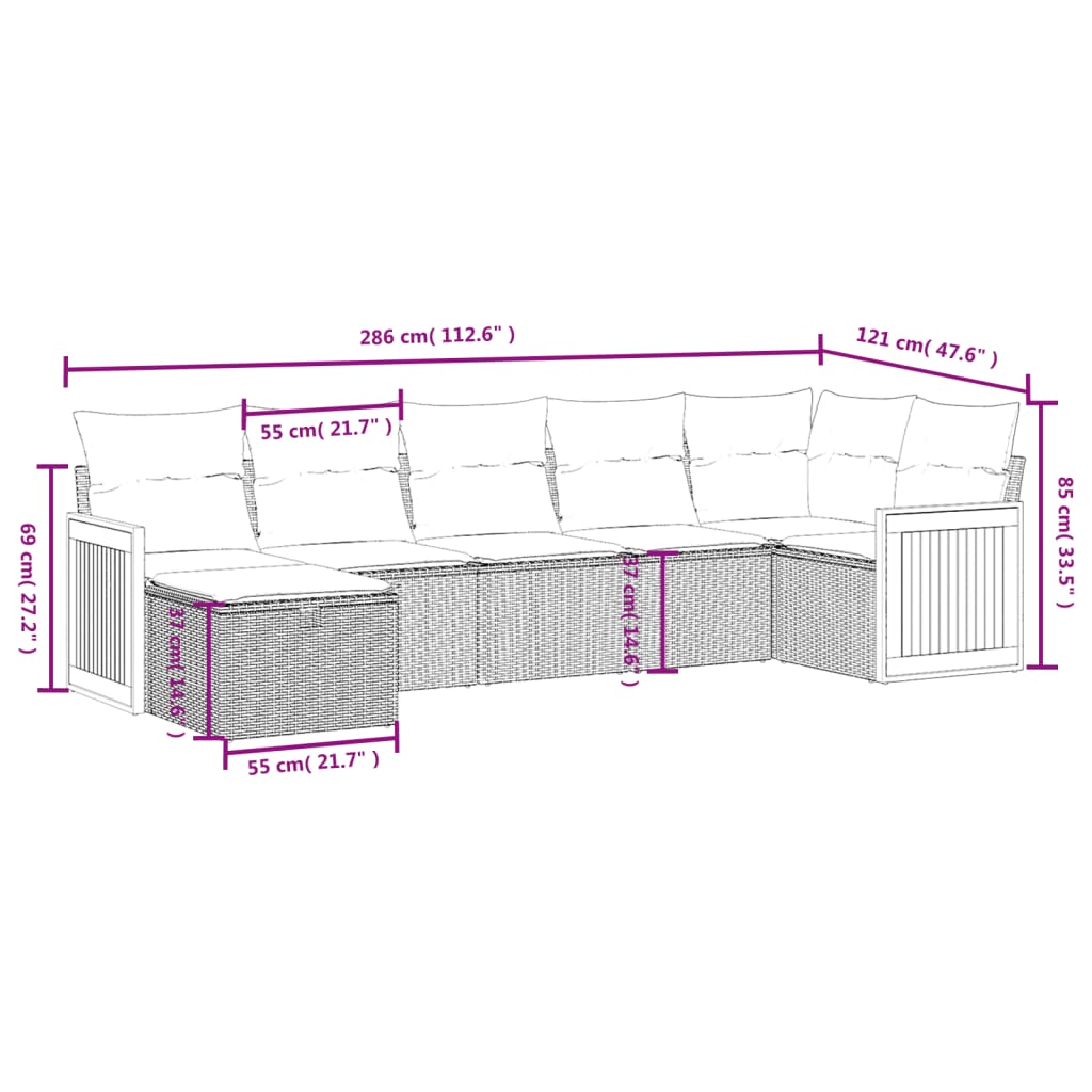 vidaXL Set de comedor de jardín 7 pzas y cojines ratán sintético negro