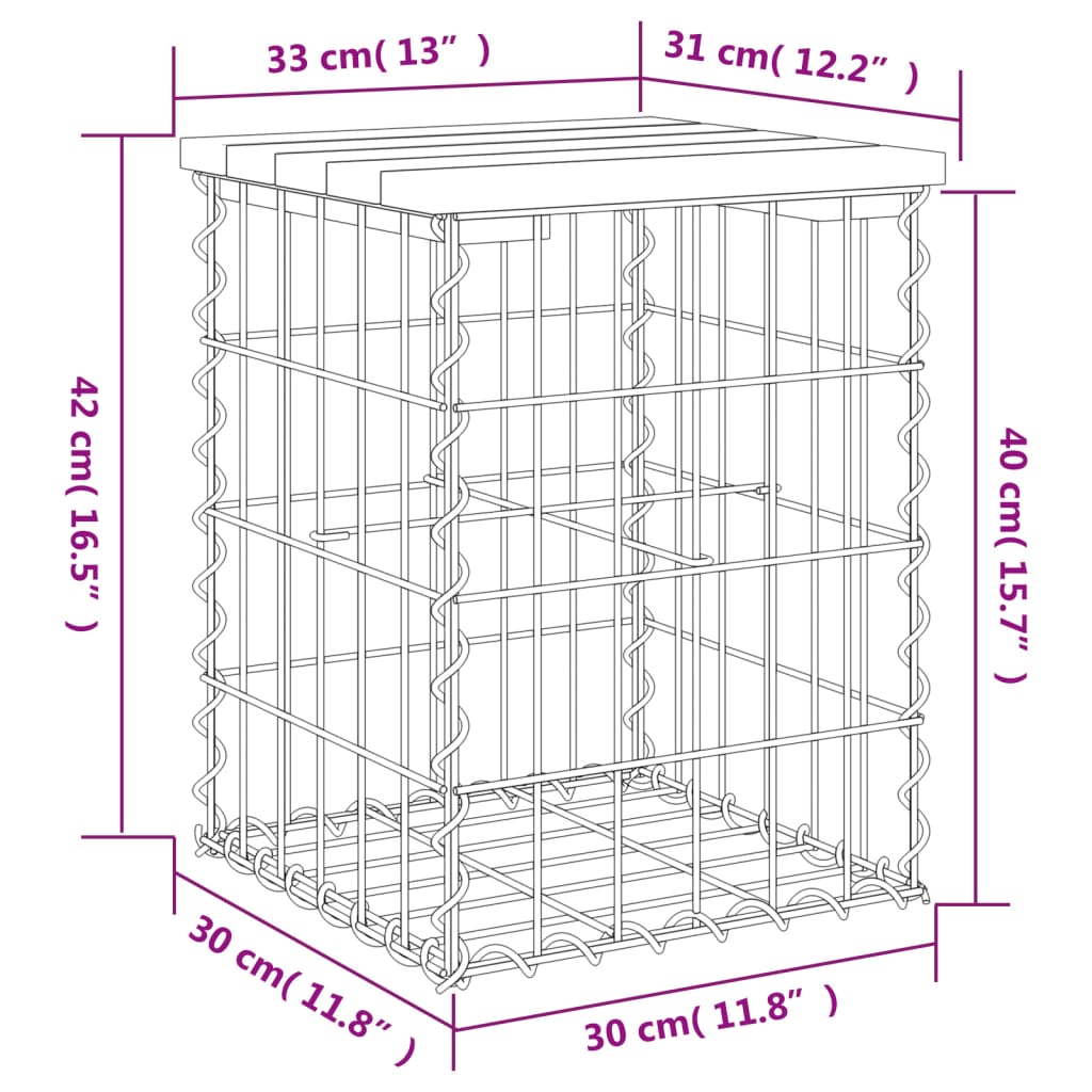 vidaXL Banco de jardín diseño gaviones madera maciza pino 33x31x42 cm