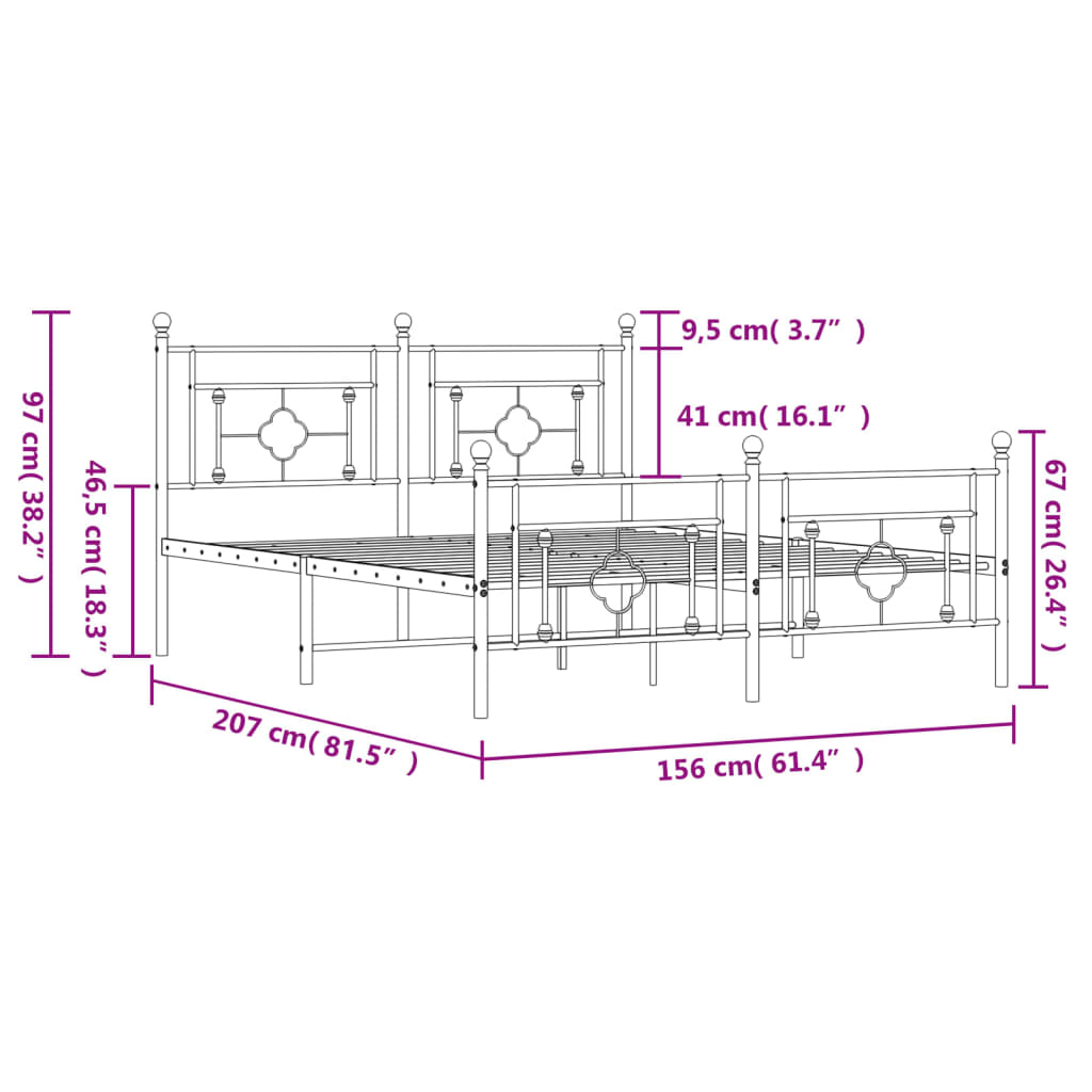 vidaXL Estructura de cama cabecero y estribo metal negro 150x200 cm