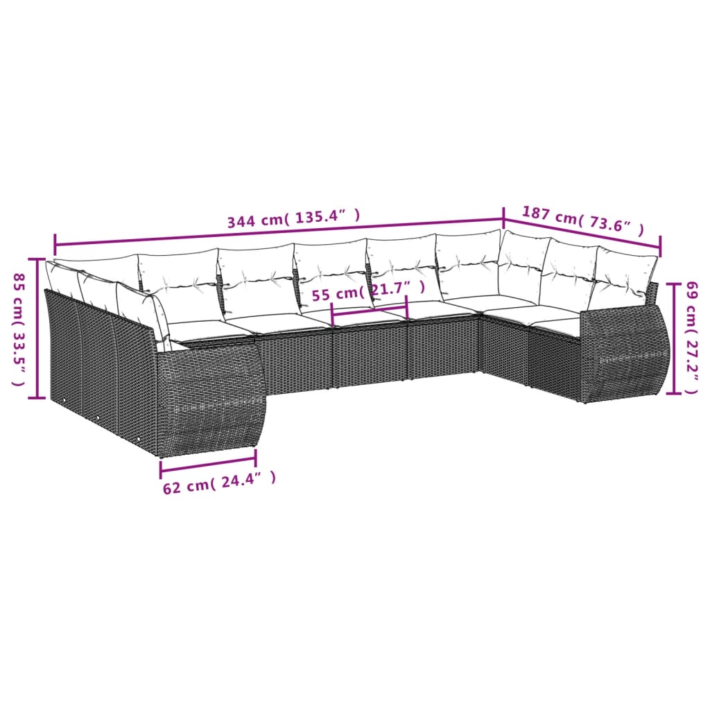 vidaXL Set de sofás de jardín 11 pzas y cojines ratán sintético negro