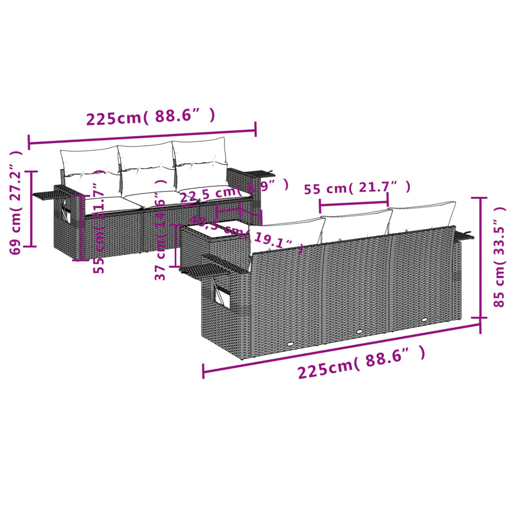 vidaXL Set de comedor de jardín 7 pzas y cojines ratán sintético negro