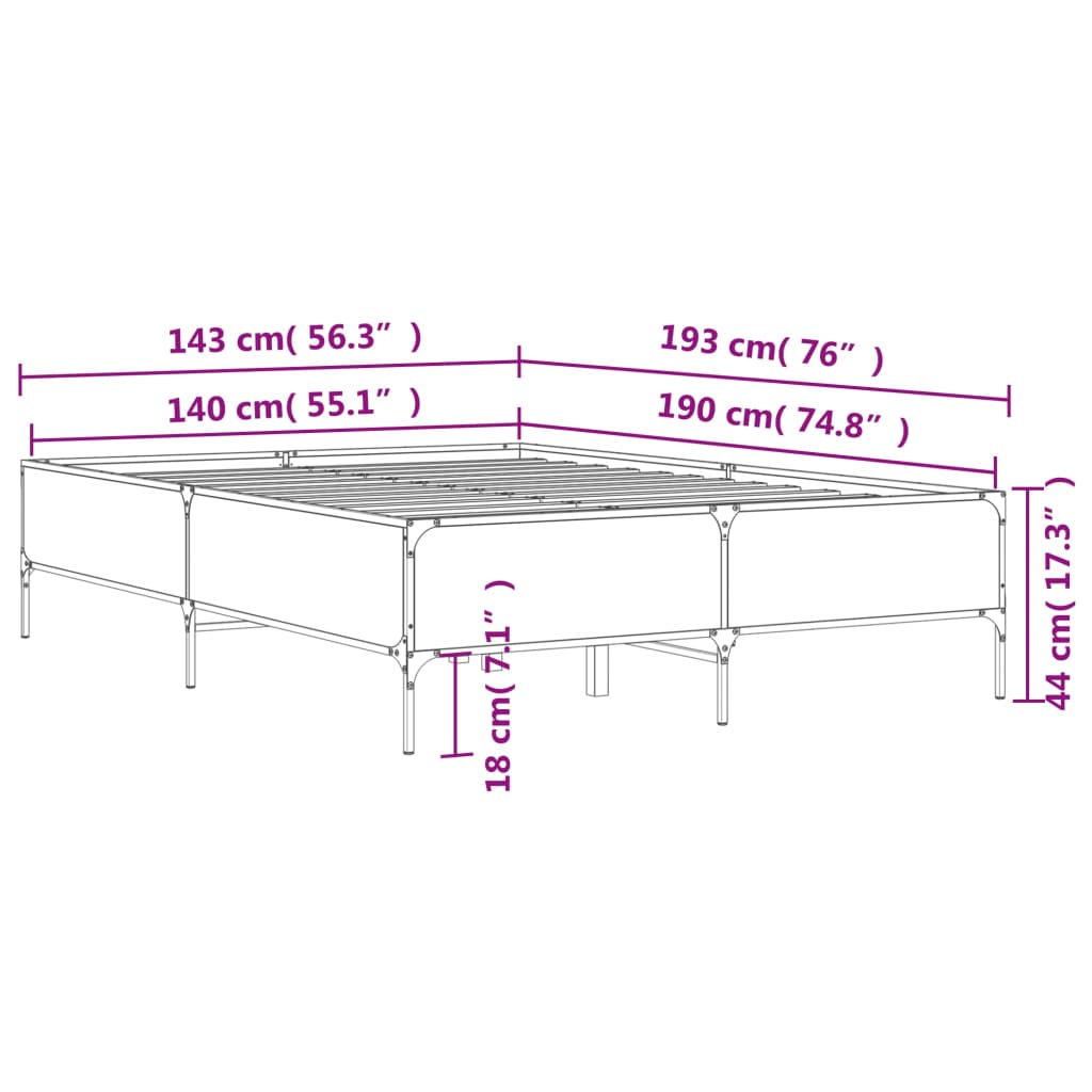 vidaXL Estructura cama madera ingeniería metal roble ahumado 140x190cm