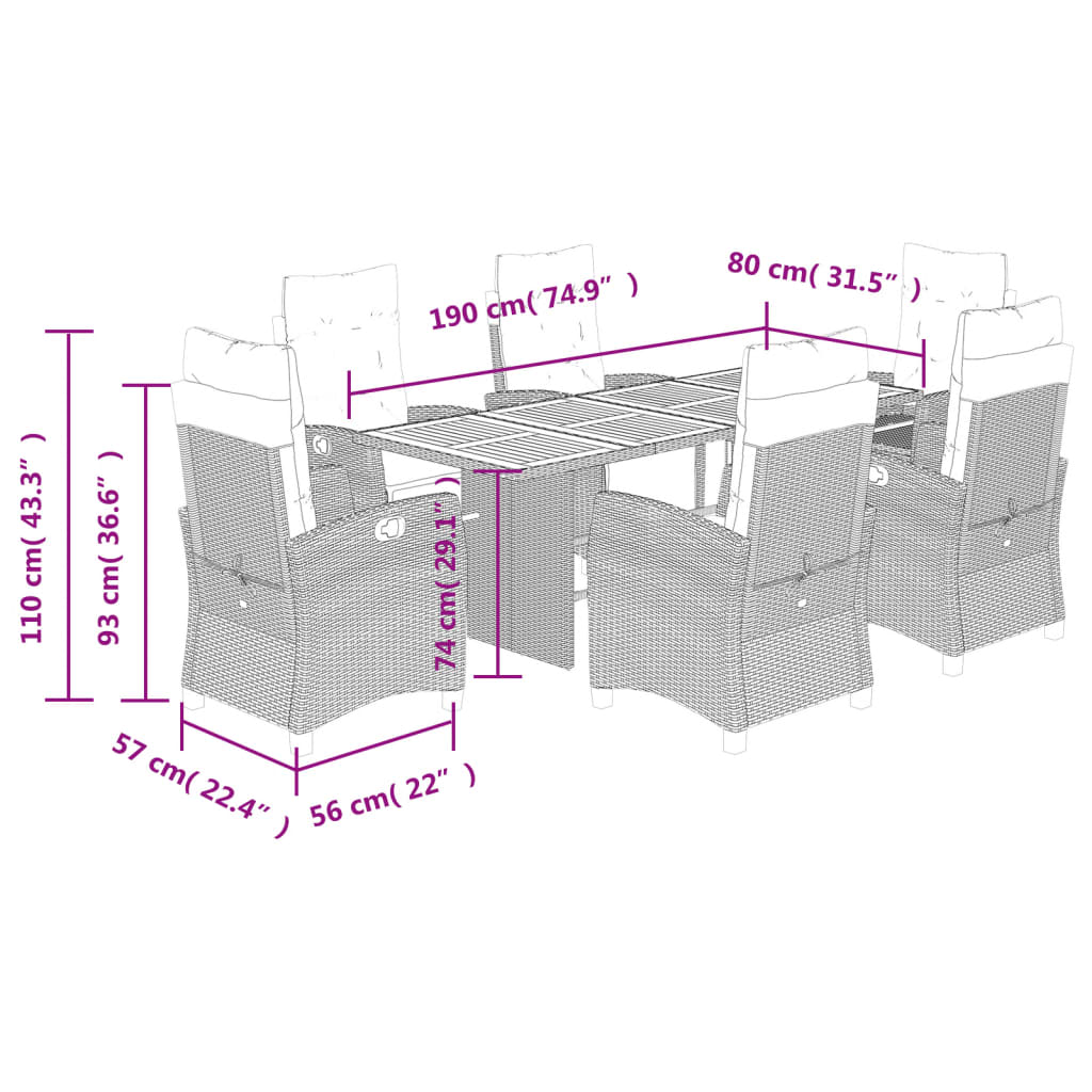 vidaXL Set de comedor de jardín 7 pzas y cojines ratán sintético negro