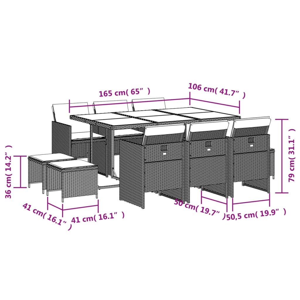 vidaXL Set de comedor de jardín 11 pzas y cojines ratán sintético gris