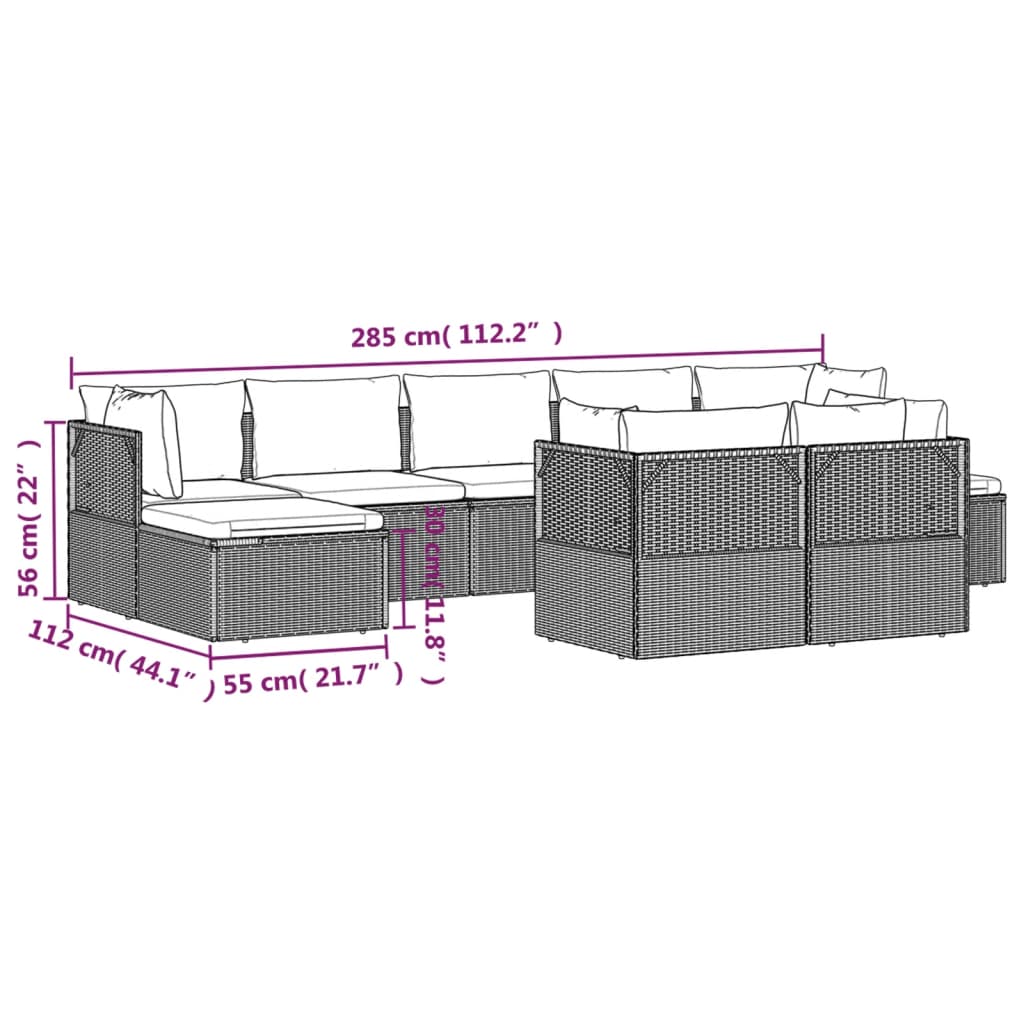 vidaXL Set de muebles de jardín 9 pzas y cojines ratán sintético gris