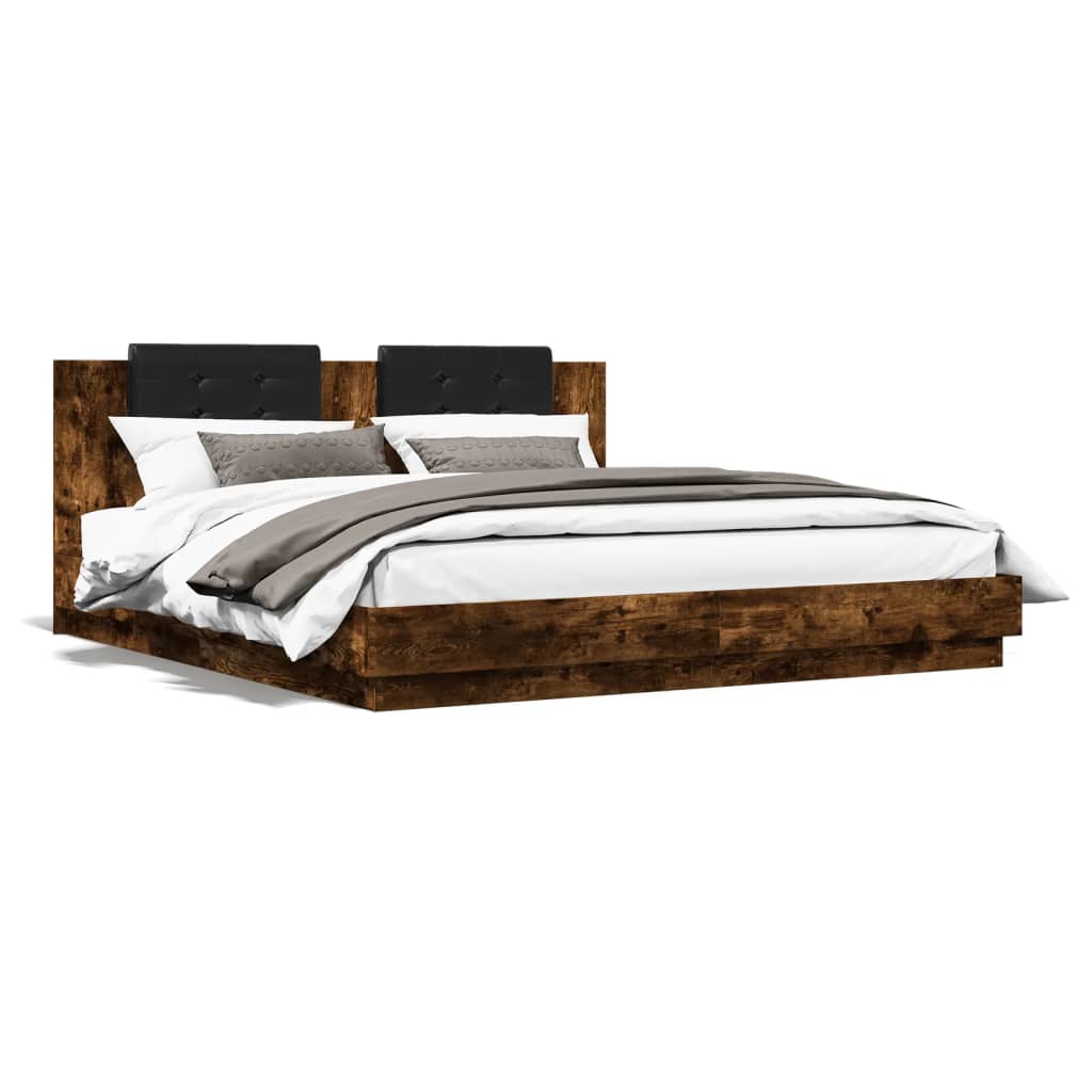 vidaXL Cama con cabecero madera de ingeniería roble ahumado 200x200 cm