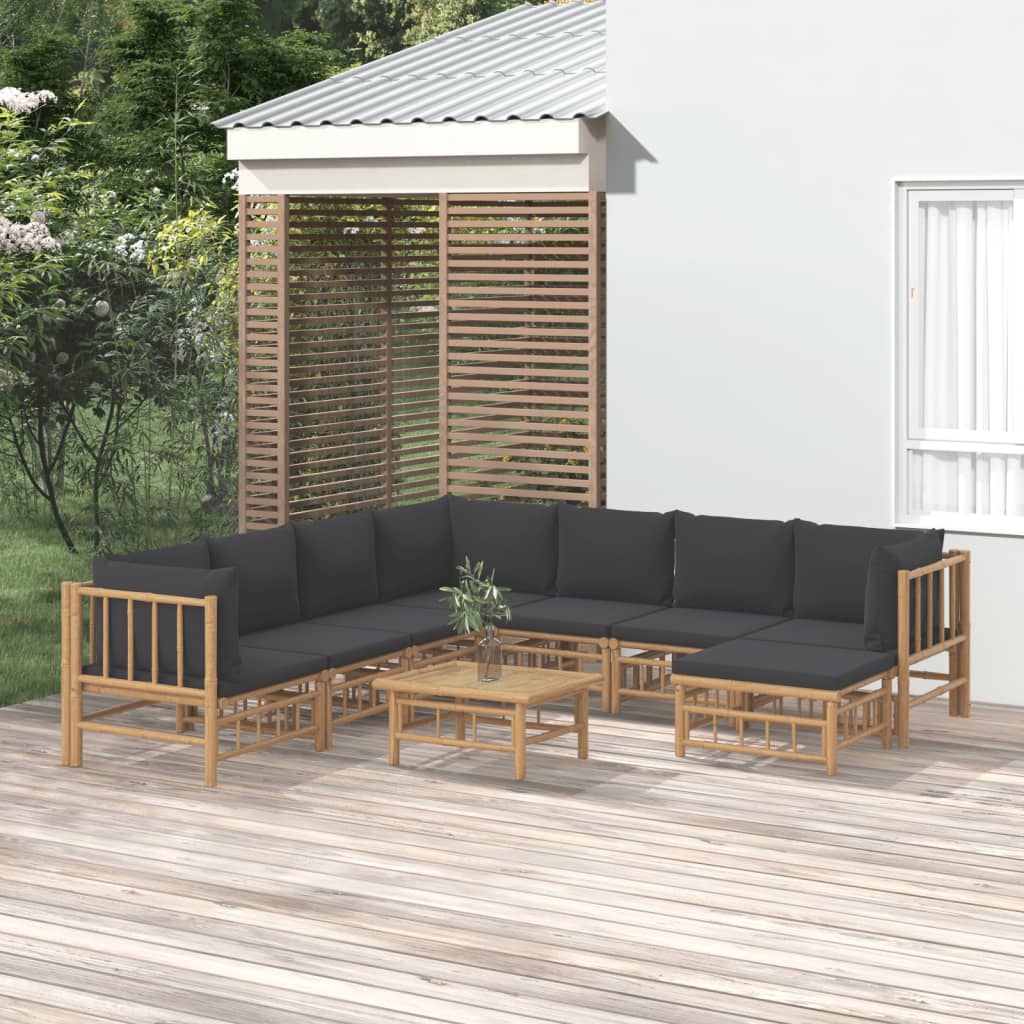 vidaXL Set de muebles de jardín 9 piezas bambú con cojines gris oscuro