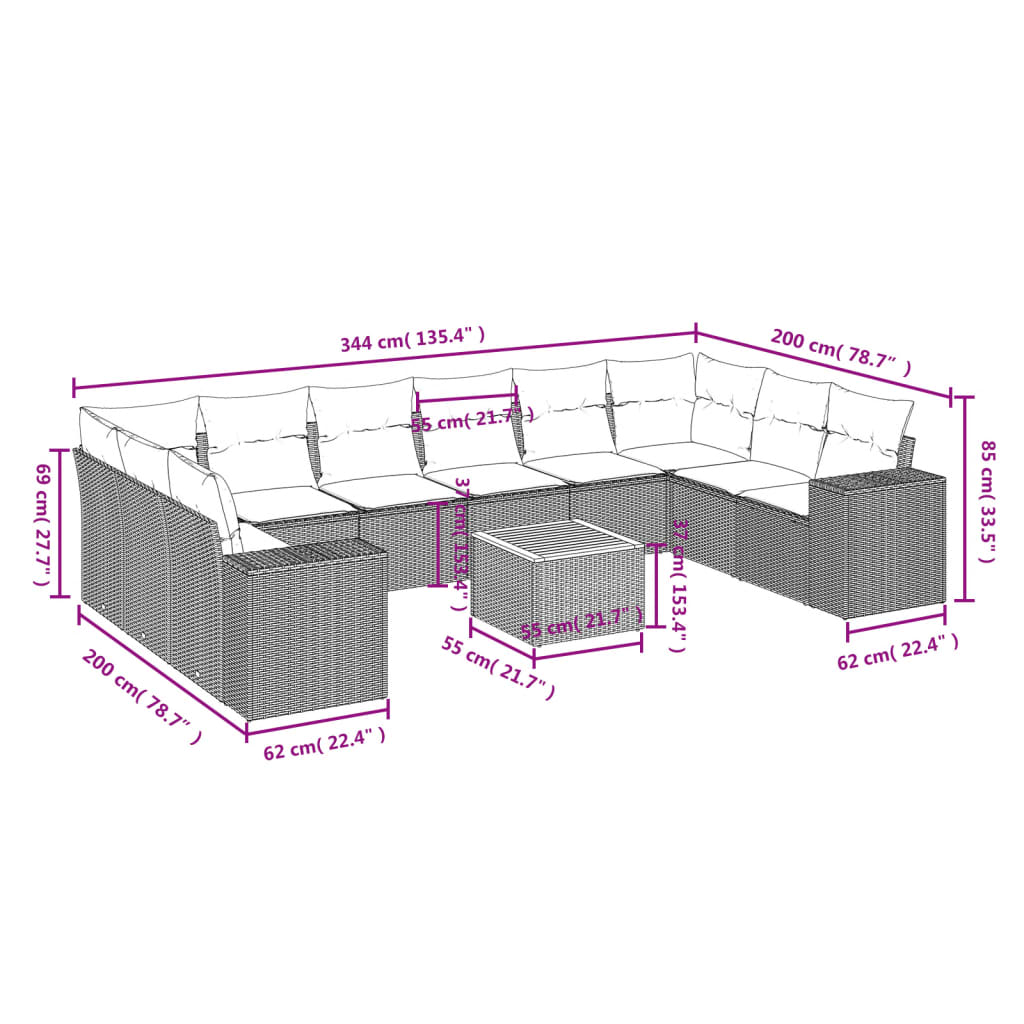 vidaXL Set de sofás de jardín 11 pzas y cojines ratán sintético gris