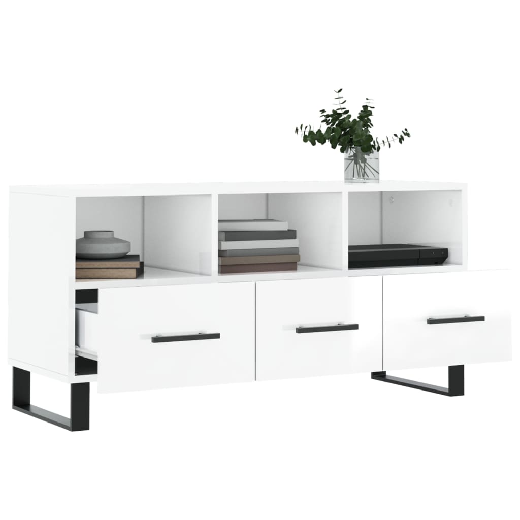 vidaXL Mueble de TV madera contrachapada blanco brillo 102x36x50 cm