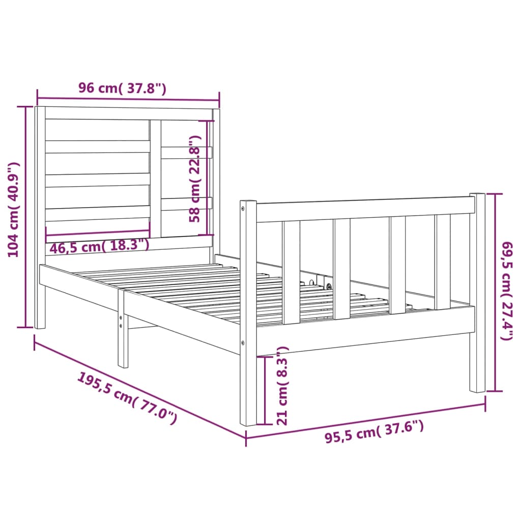 vidaXL Estructura de cama individual madera maciza negra 90x190 cm