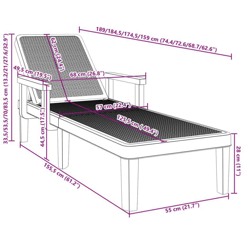 vidaXL Tumbona ajustable en 4 alturas polipropileno 155,5x57x28 cm