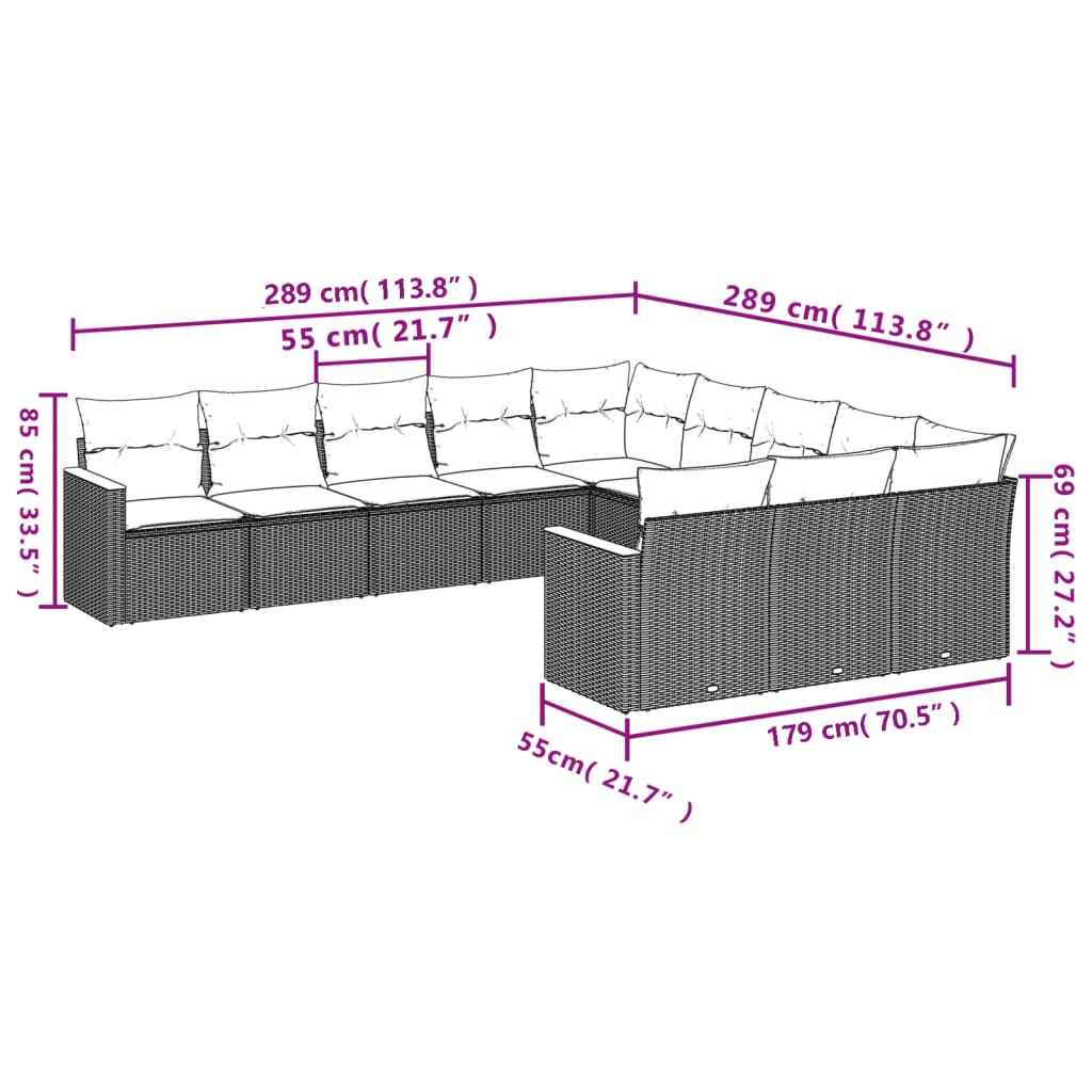 vidaXL Set de sofás de jardín 11pzas con cojines ratán sintético beige