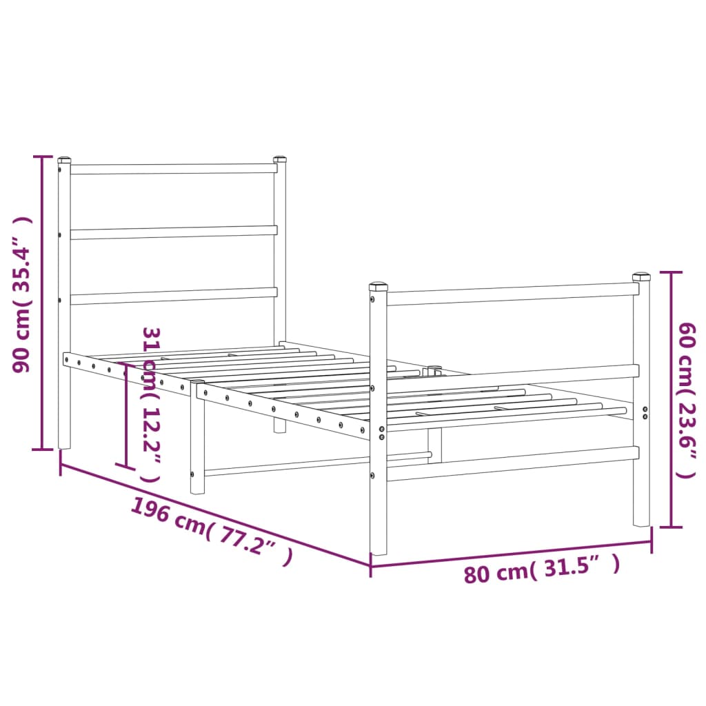 vidaXL Estructura cama sin colchón con estribo metal negro 75x190 cm