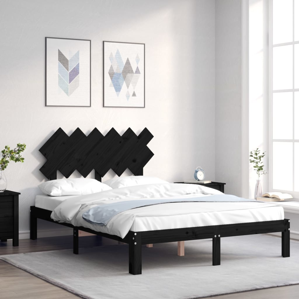 vidaXL Estructura cama de matrimonio con cabecero madera maciza negro