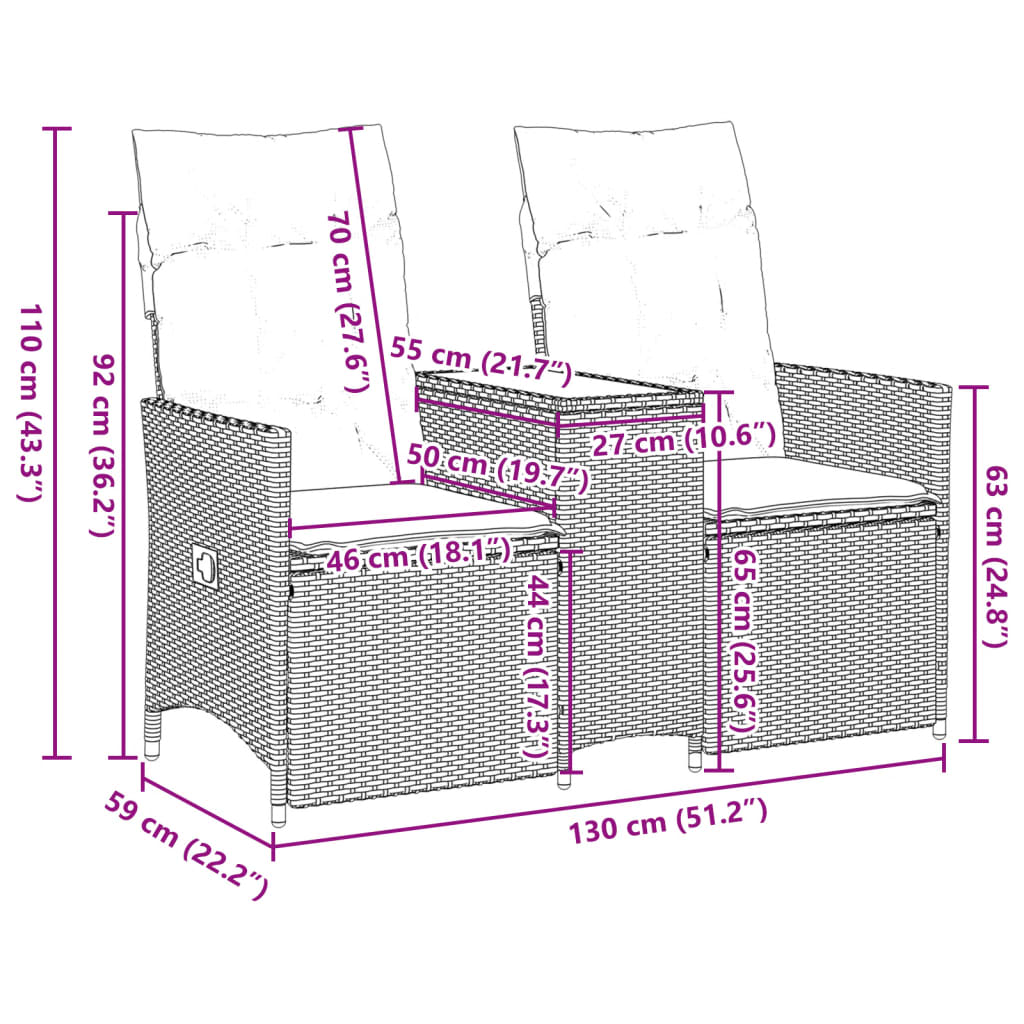 vidaXL Sofá de jardín reclinable de 2 plazas con mesa ratán PE beige