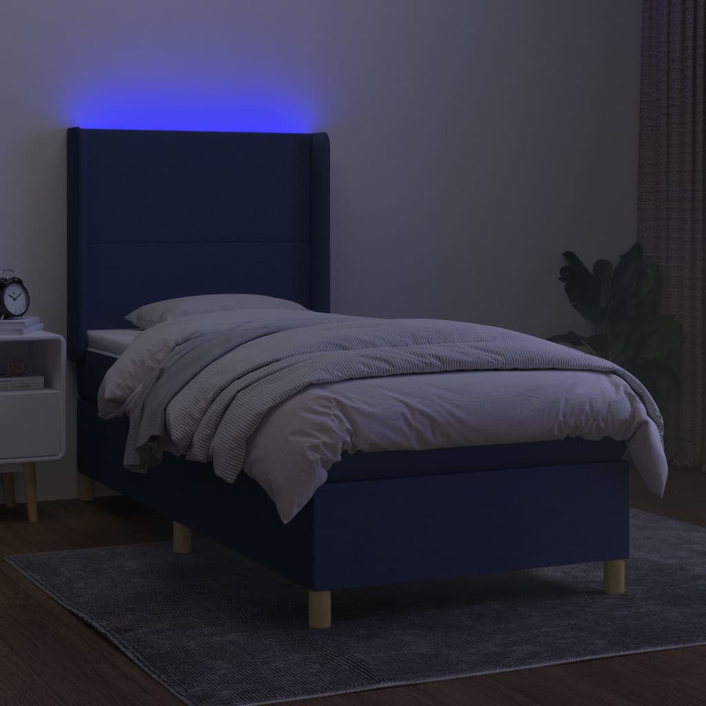 vidaXL Cama box spring colchón y luces LED tela azul 100x200 cm