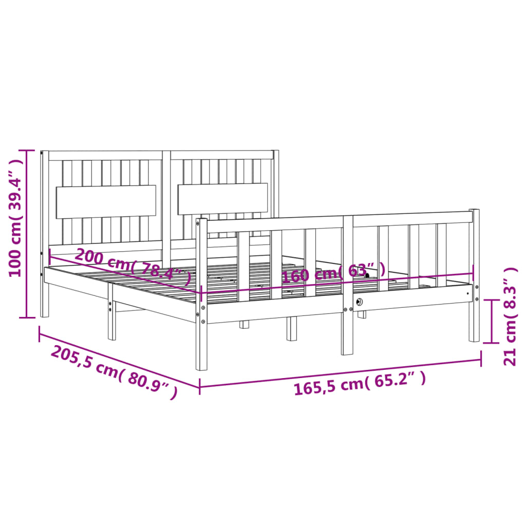 vidaXL Estructura de cama con cabecero madera maciza 160x200 cm