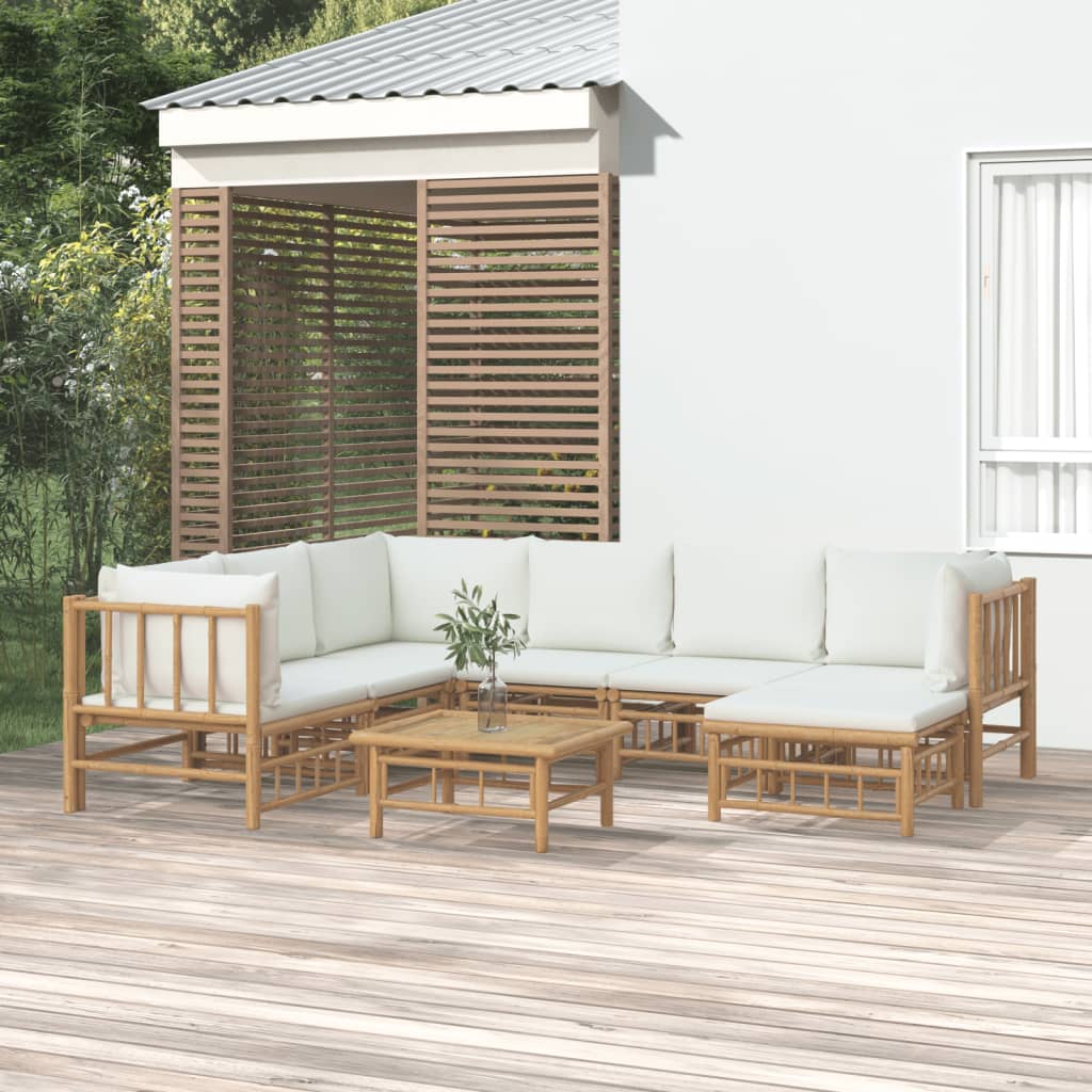 vidaXL Set de muebles de jardín 8 piezas bambú y cojines blanco crema