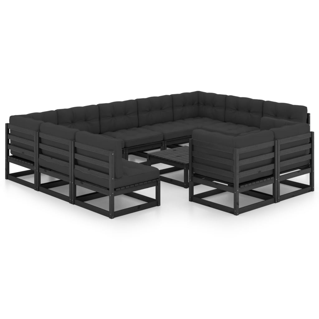 vidaXL Set de muebles de jardín 12 pzas con cojines madera pino negro