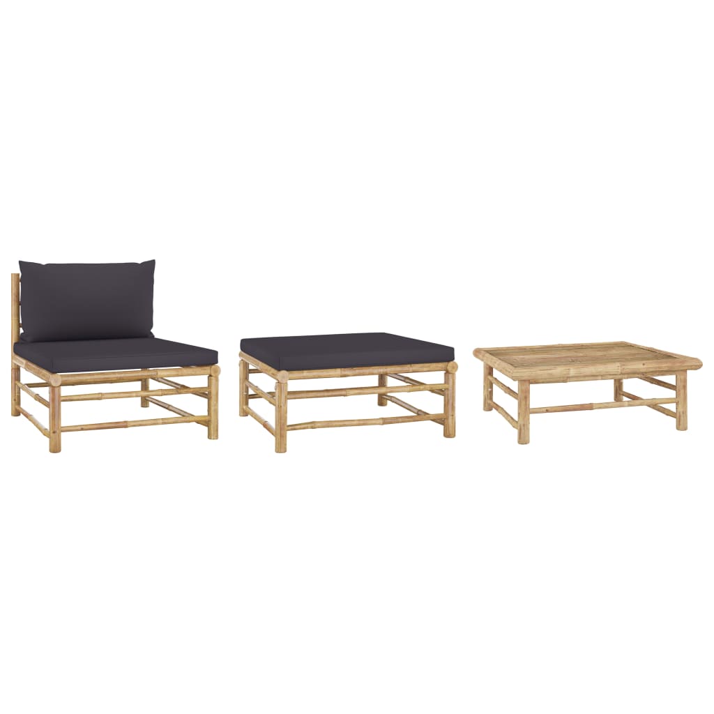 vidaXL Set de muebles de jardín 3 piezas bambú y cojines gris oscuro