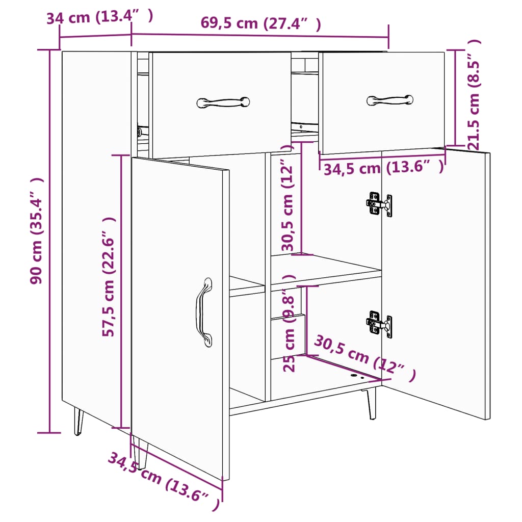 vidaXL Aparador de madera de ingeniería gris hormigón 69,5x34x90 cm