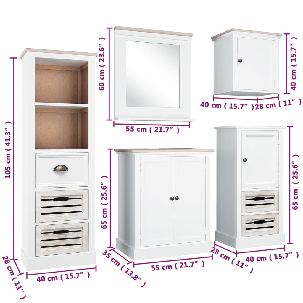 vidaXL Juego de muebles de baño 5 piezas madera maciza blanco