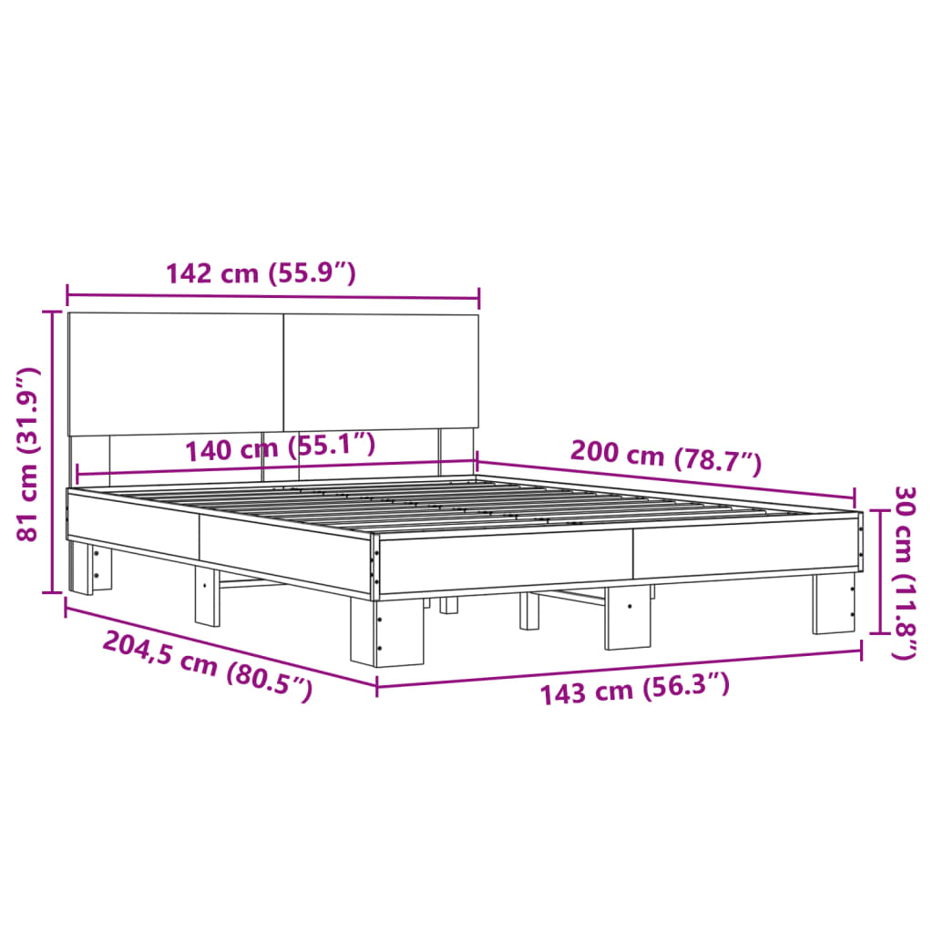 vidaXL Estructura cama madera ingeniería metal marrón roble 140x200 cm