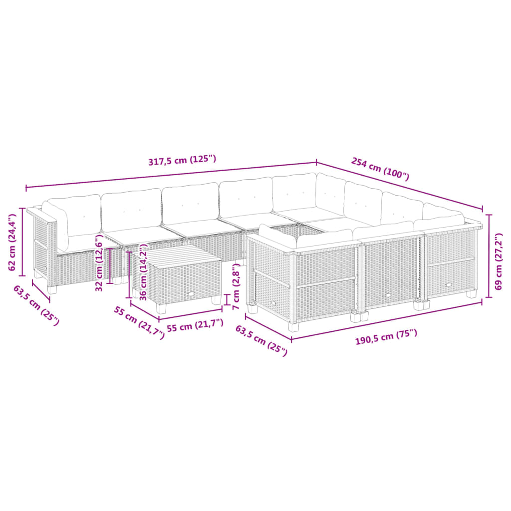 vidaXL Set de sofás de jardín 11 pzas y cojines ratán sintético gris