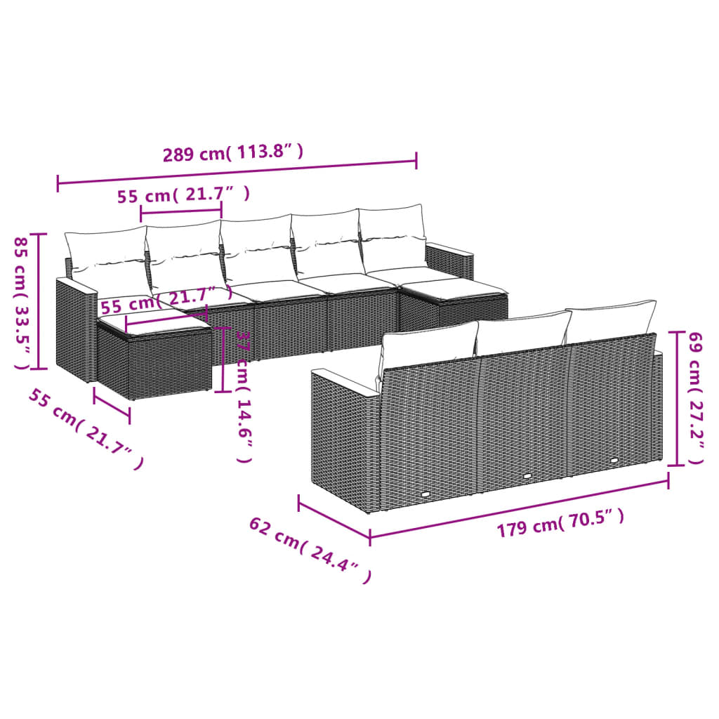 vidaXL Set de sofás de jardín 10 pzas cojines ratán sintético negro