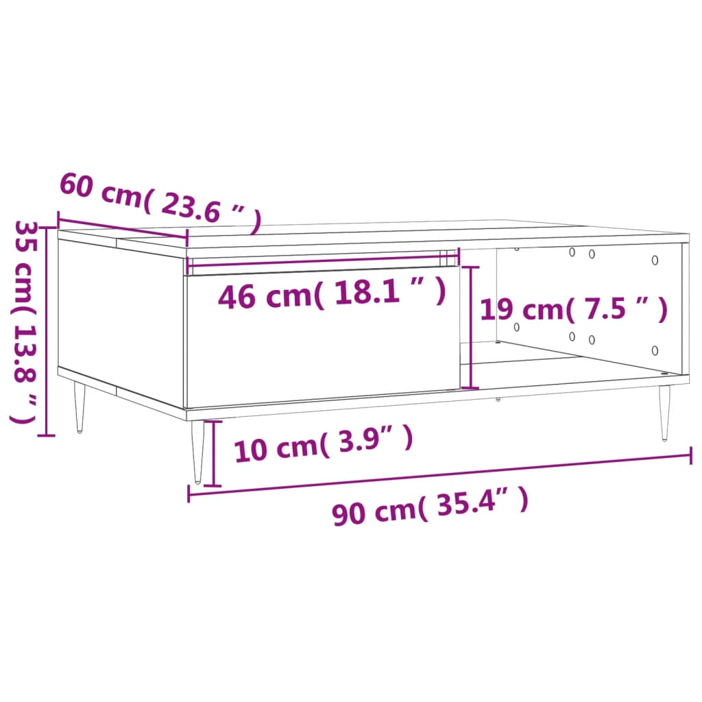 vidaXL Mesa de centro madera de ingeniería roble marrón 90x60x35 cm